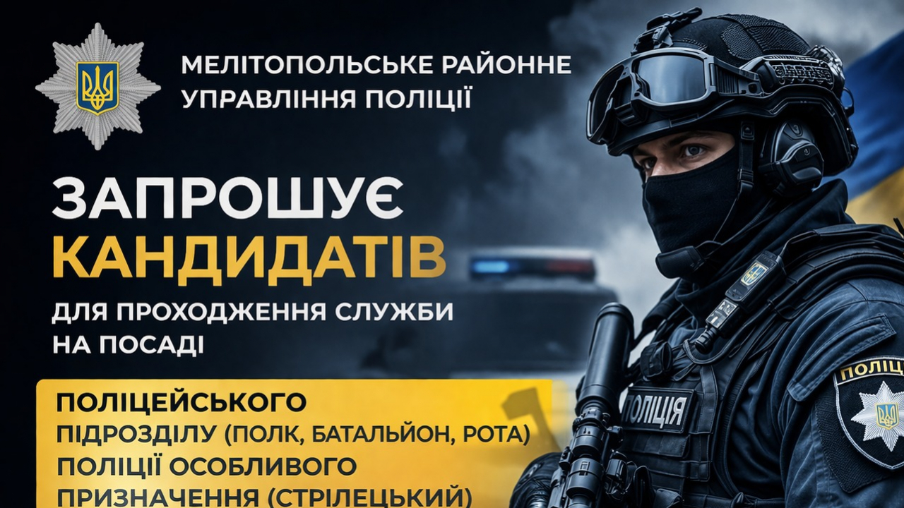 Мелітопольське районне управління поліції запрошує кандидатів для проходження служби на посаді поліцейського підрозділу (полк, батальйон, рота) поліції особливого призначення (стрілецький)